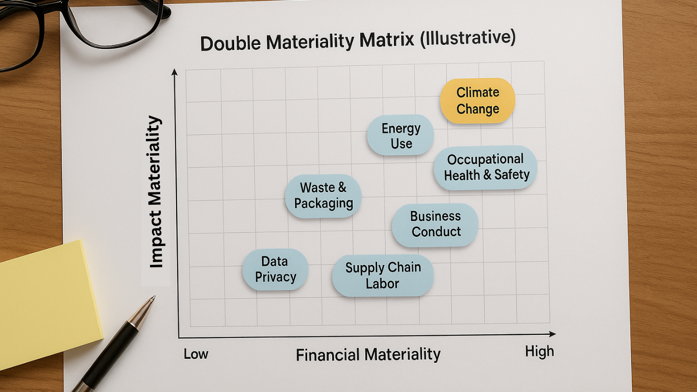 Double materiality matrix showing topics like Climate Change (high impact, high financial), Occupational Health & Safety, Business Conduct, Supply Chain Labor, Data Privacy.