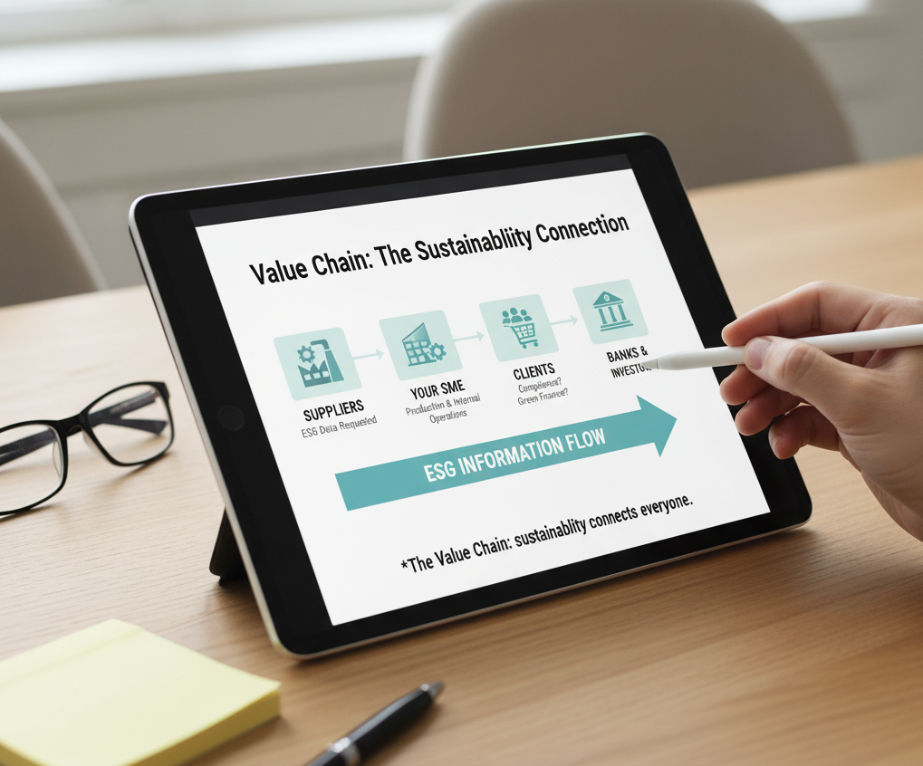 Tablet showing ‘Value Chain: ESG Information Flow’ diagram from suppliers